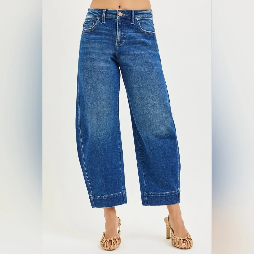 RISEN Mid Rise Dark Wash Barrel Jeans Ankle Cropped Trouser Classic Various NEW - Picture 3 of 6